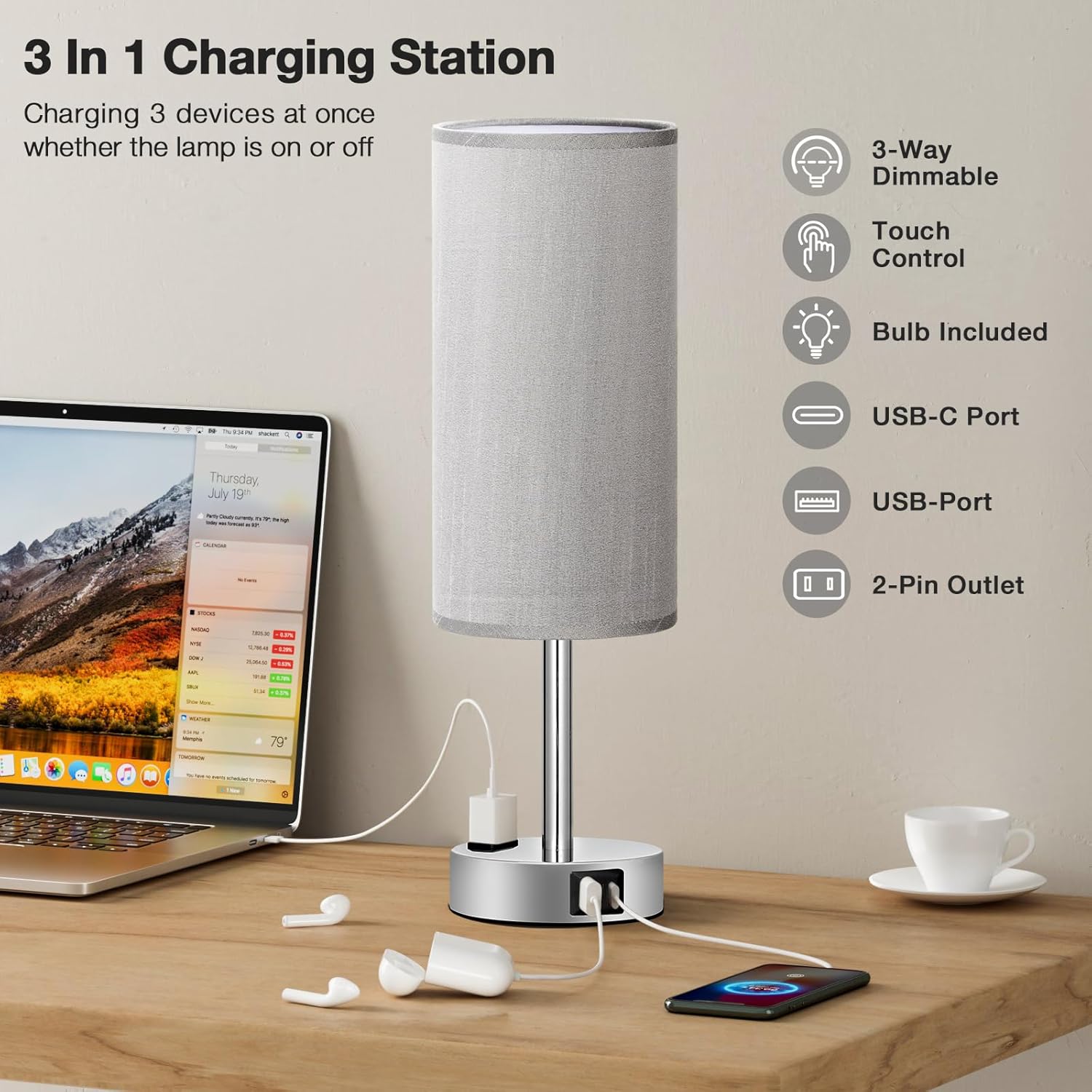 3-Way Dimmable USB Bedside Lamp - Image 2
