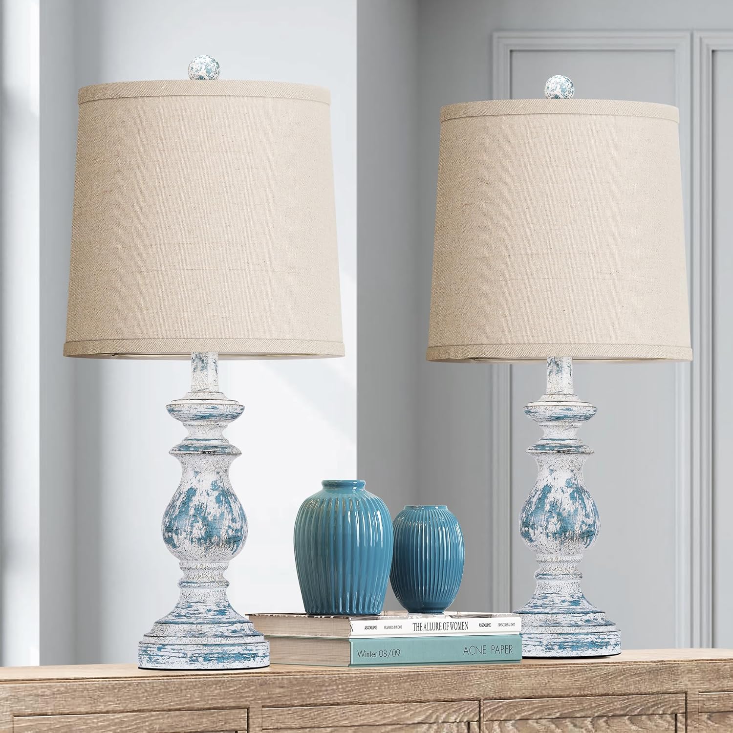 Blue Vintage Farmhouse Bedside Lamps