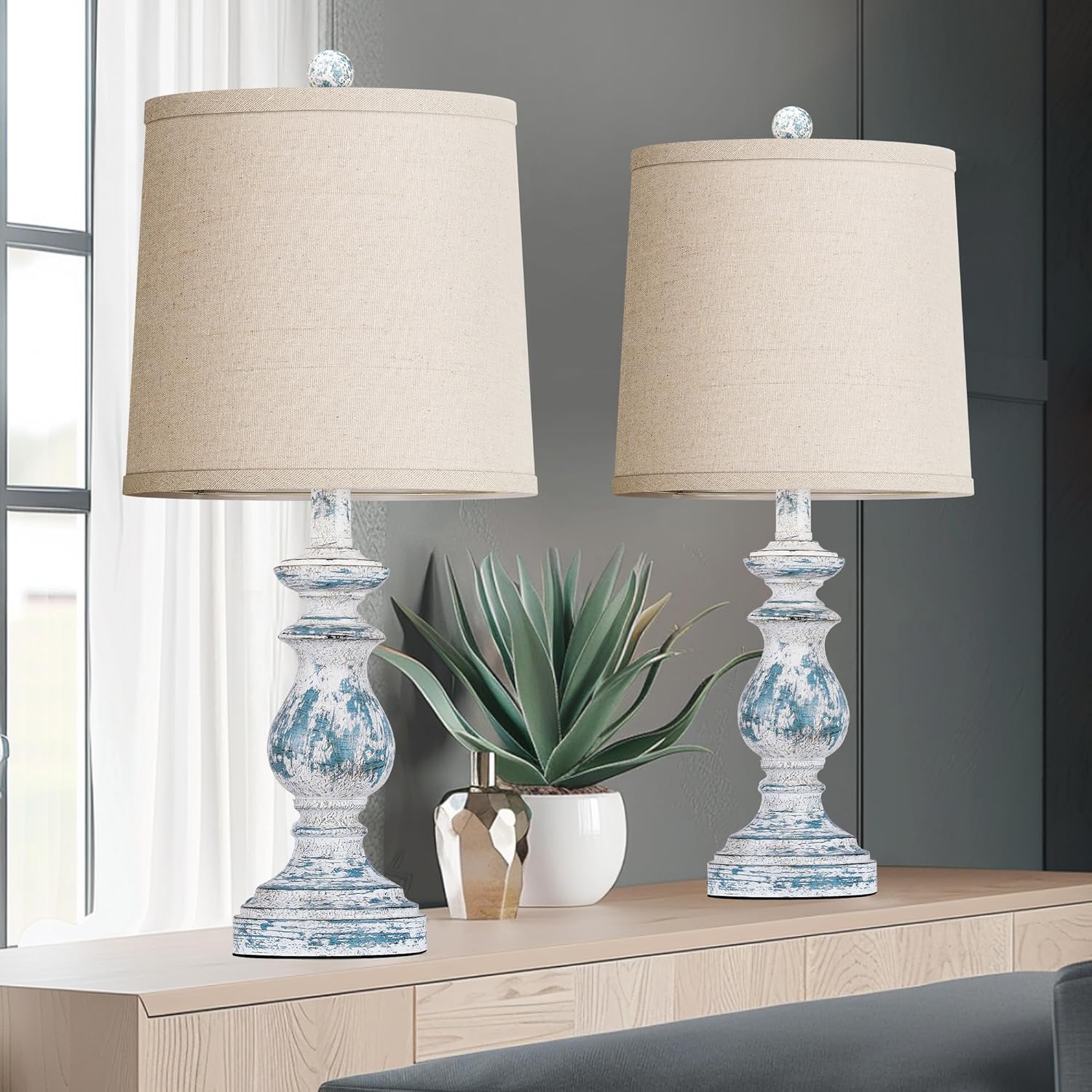 Blue Vintage Farmhouse Bedside Lamps - Image 7