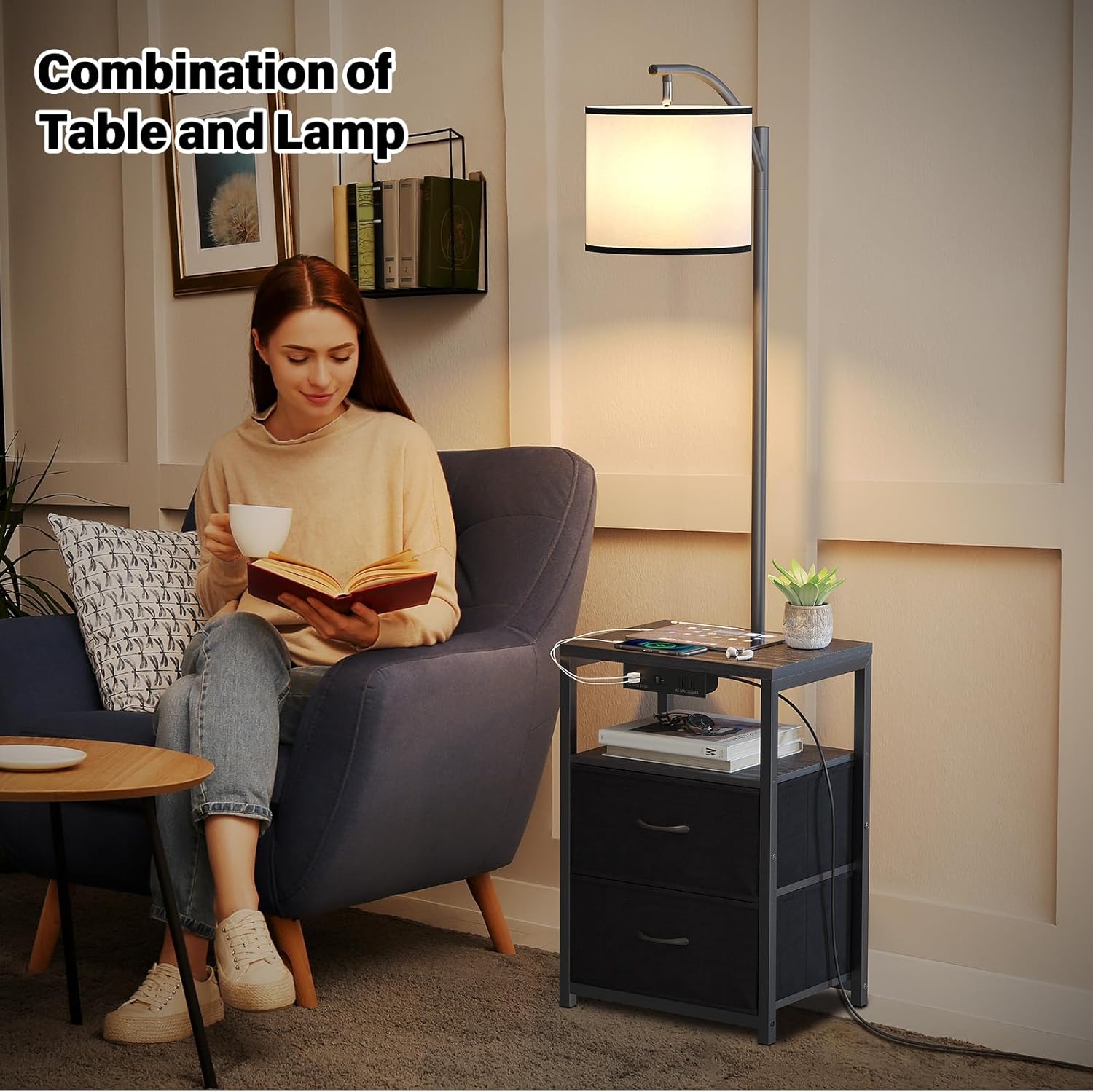 Black Floor Lamp with USB & Table - Image 2