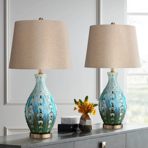 Teal Ceramic MCM Lamp Set